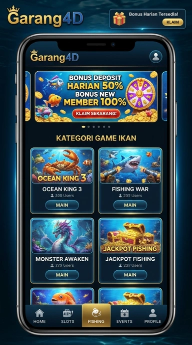 Tampilan halaman utama aplikasi garang4d yang menarik.